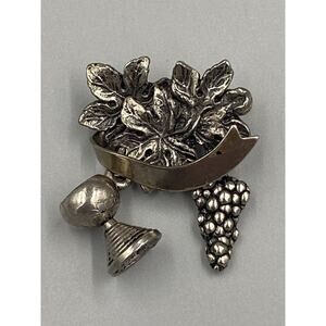 Vintage Silver Colored Leaves Wine Goblet & Grapes Lapel Pin Brooch